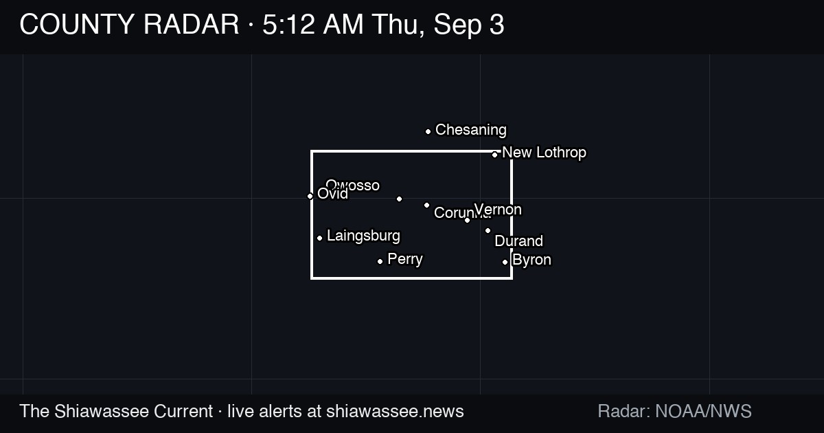 County radar at 5:12 AM Thursday — NWS: Shiawassee County under severe thunderstorm watch until 7 p.m.