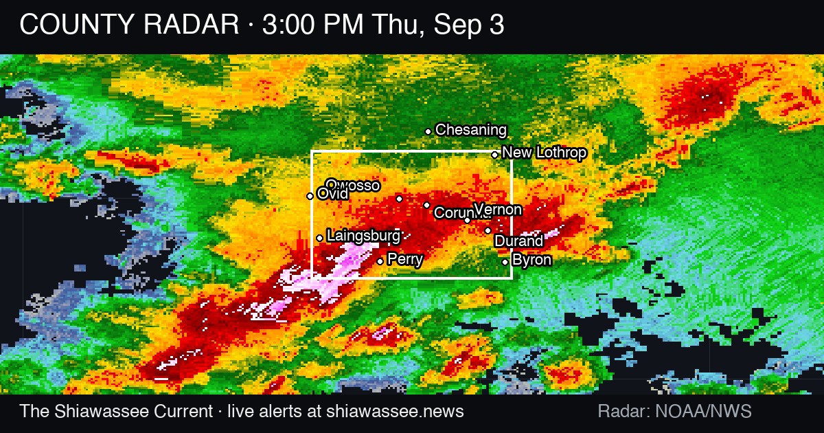 Radar at 3:00 p.m. Thursday shows severe storm cores over Shiawassee County